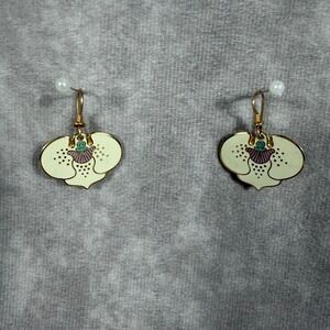 Vtg Laurel Burch Aarin Orchid Cloisonne Enamel Drop Earrings Gold Tone Floral